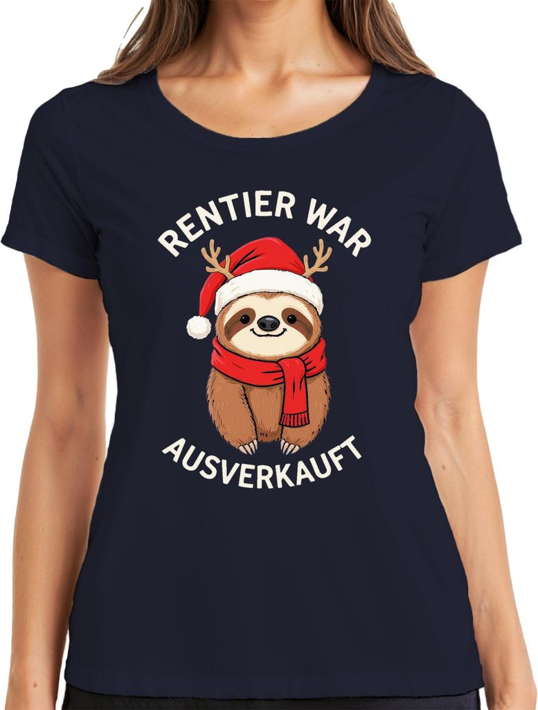 Rentier war t Faultier Weihnachten lustig Geschenk Damen T-Shirt, Navy, XXL