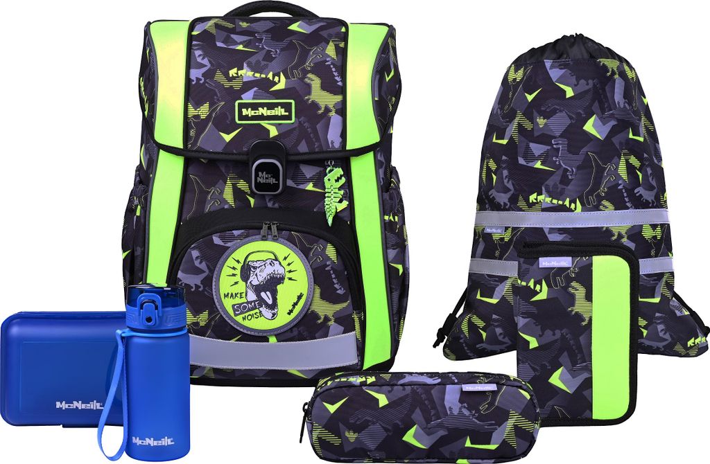 McNeill Schulranzen Bravo Schoolbag Set 9-teilig Dinopark schwarz neongrün
