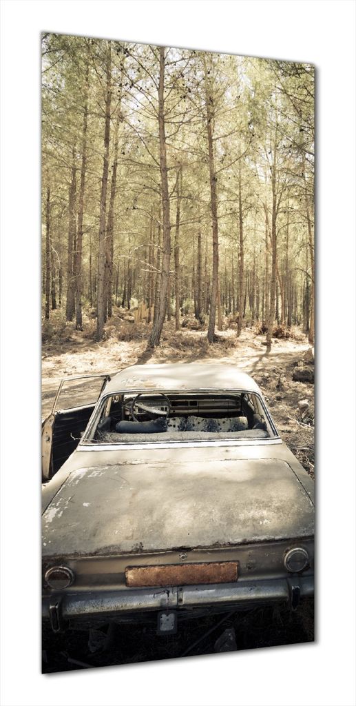 Wallario selbstklebende Duschrückwand 70 x 200 cm mit Motiv Verrosteter Oldtimer im Wald - Wandverkleidung mit Hochglanzlaminat in Glasoptik