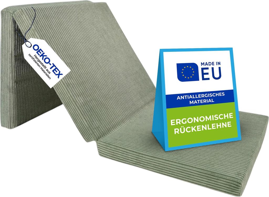 A folded mattress with certification labels.