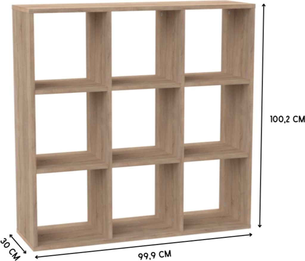 A 3x3 cube shelf unit shown from the front with dimensions indicated.