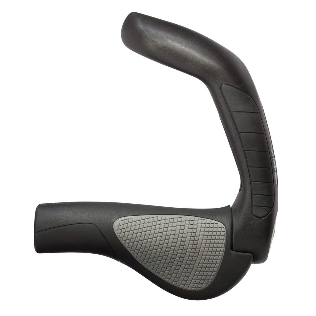 A black and gray bicycle handlebar grip is shown against a white background.