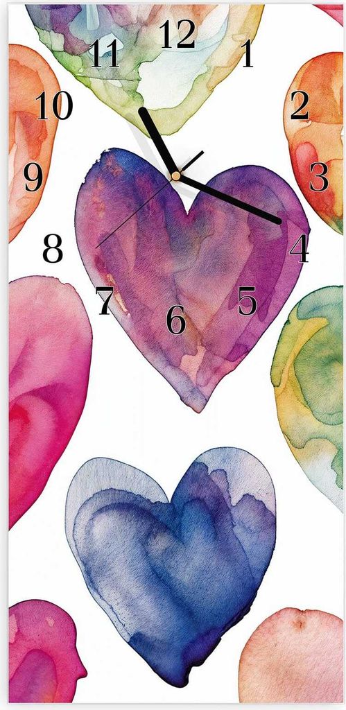 Wanduhr aus Glas mit Motiv Aquarellherzen- 30 x 60 cm - inkl. Aufhängesystem