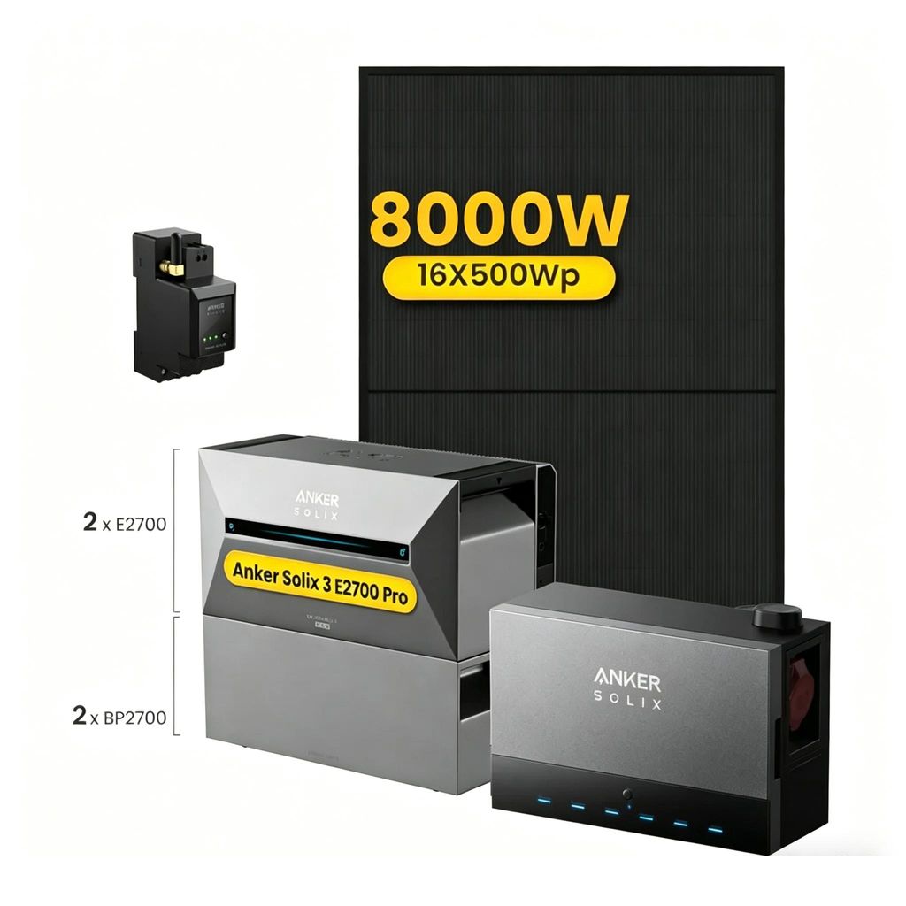 Anker Multisystem SOLIX Solarbank Power Dock mit 2x Solarbank 3 E2700 Pro und 2x BP2700 Erweiterungsakku, 16x 500Wp Solarmodule, 0% VAT