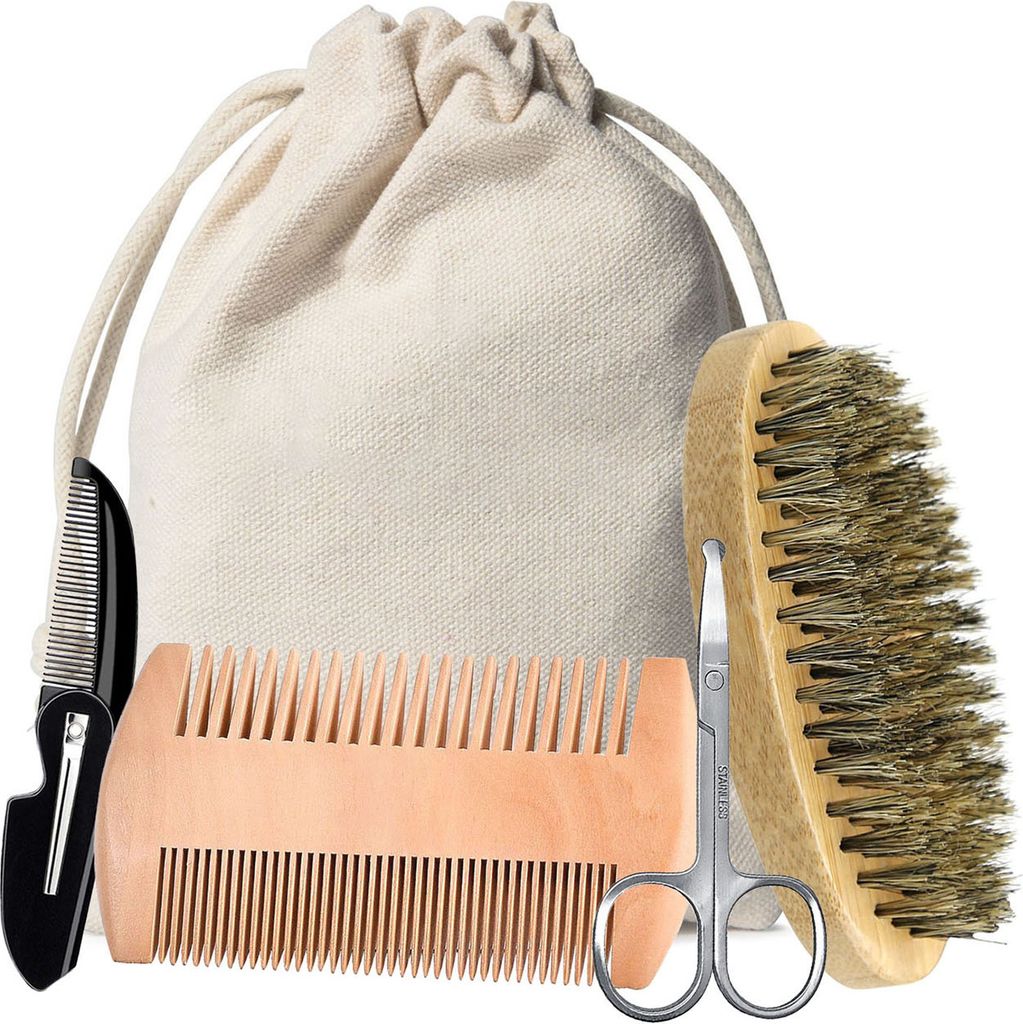 3/5-teiliges Bartpflegeset für Männer mit Wildschweinborsten, ovaler Bürste, faltbarem doppelseitigem Holzkamm, Schere, Aufbewahrungstasche, Sch...