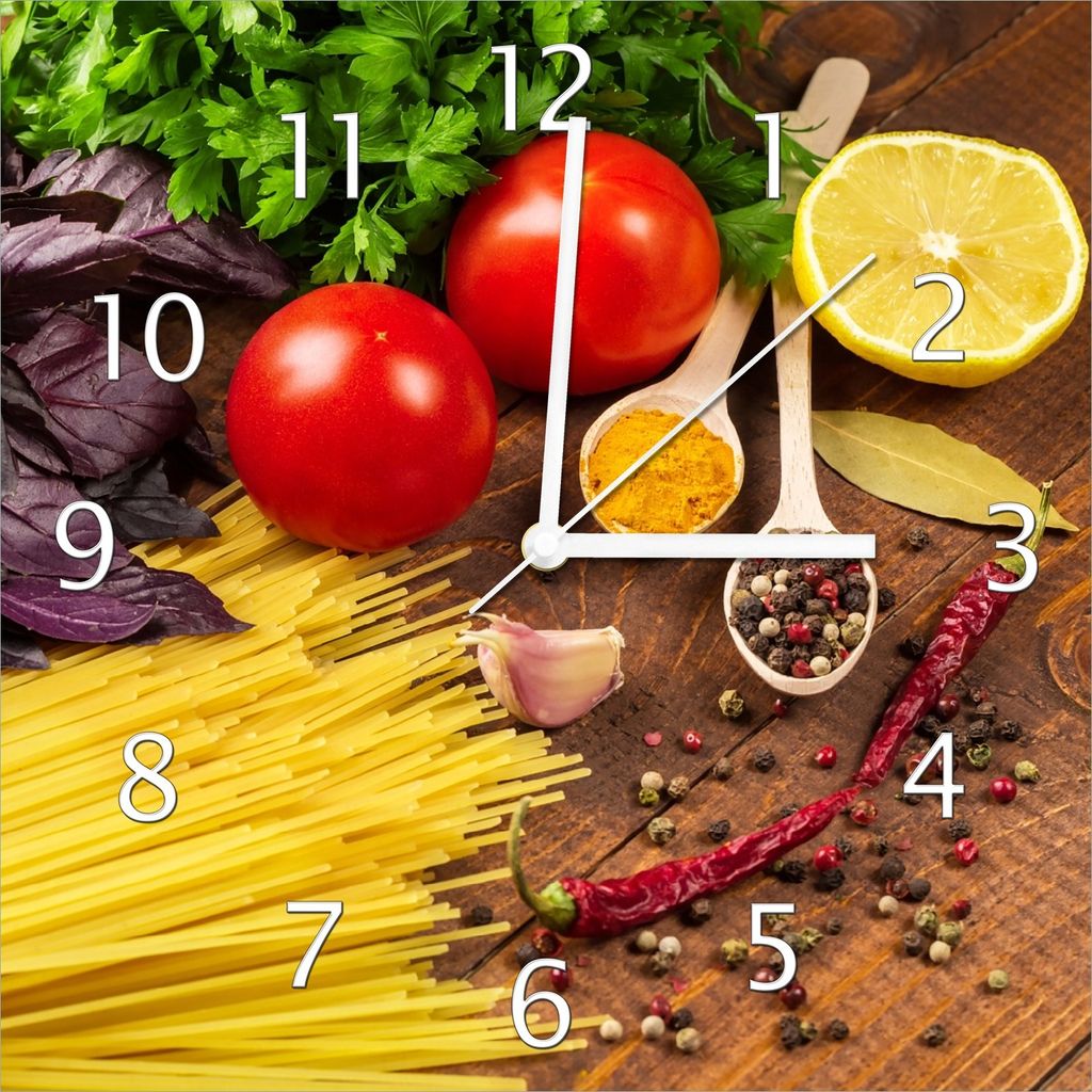 Wallario Design Wanduhr Italienisches Menü mit Spaghetti, Tomaten, Basilikum und Gewürzen aus Echtglas, Größe 30 x 30 cm