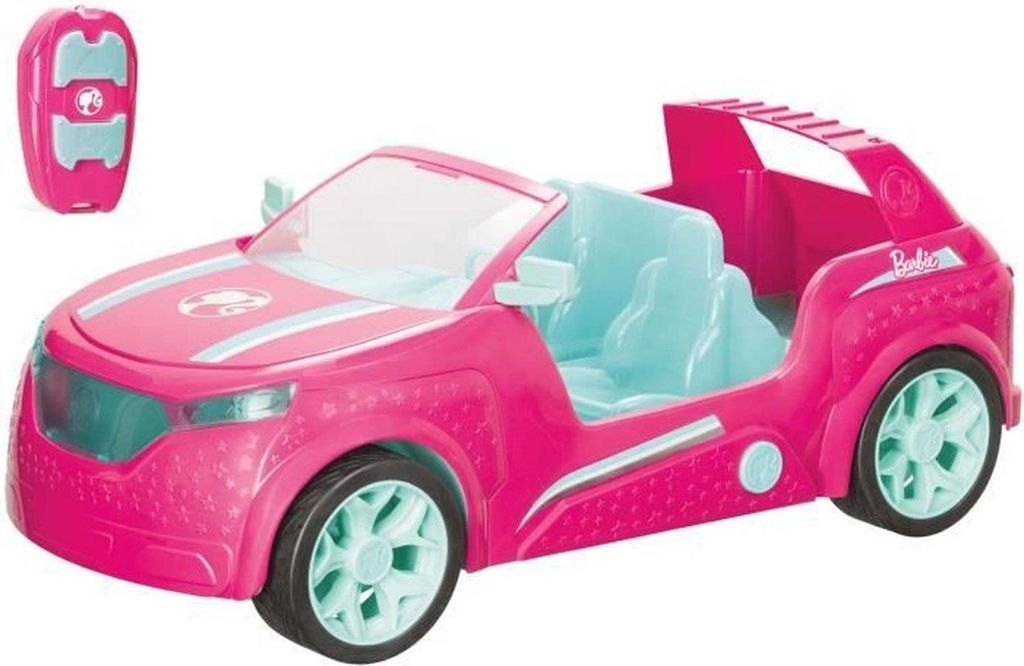 A pink Barbie convertible SUV toy car with light blue seats and a remote control.