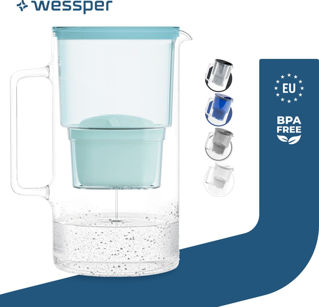 Wessper Wasserfilterkanne aus Glas 3 L Kompatibel mit Brita-Wasserfilterkartuschen, Inklusive 1 Wasserfilter-Kartusche, Minze
