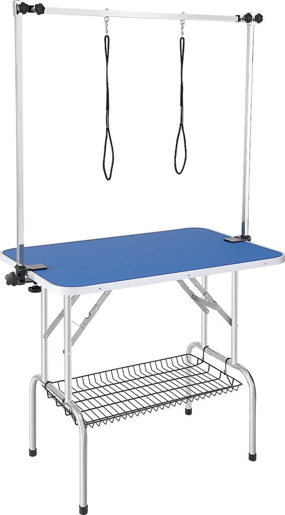 A grooming table for pets, with adjustable restraints and a storage shelf.