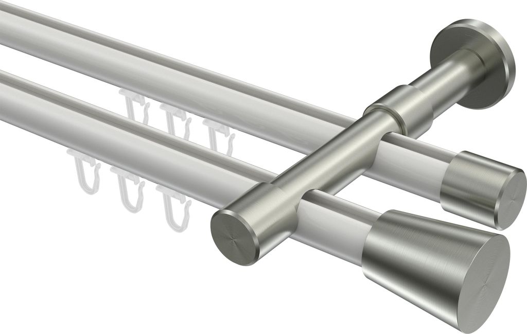 Interdeco Innenlaufstange / Gardinenstange mit Innenlauf Weiß / Edelstahl-Optik, Typ Prestige Sitra (Konus), 20 mm Ø 2-läufig, 440 cm