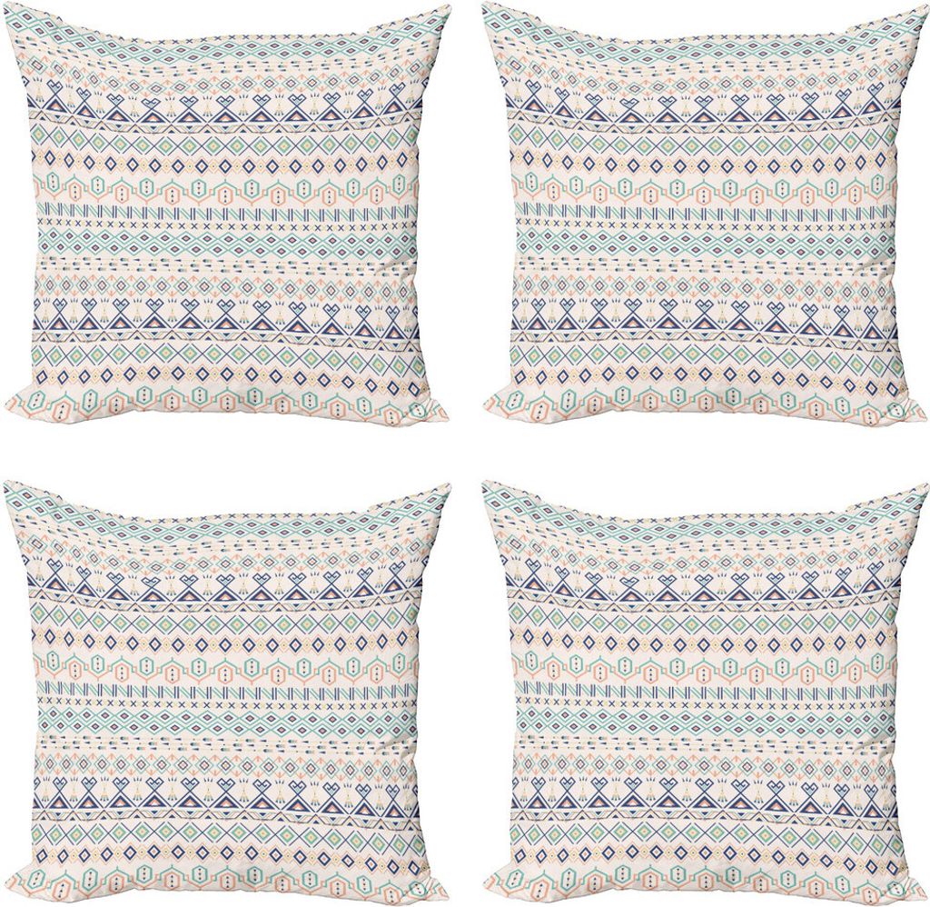 ABAKUHAUS Geometrisch Kissenbezug Set (4 Stück), Aztec Motive Squares, Moderner Doppelseitiger Digitaldruck, 60 cm x 60 cm, Mint Dark Blue Peach