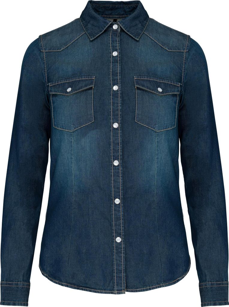 Kariban Damen Denim Bluse Jeanshemd Shirt Langarm Brusttaschen, Größe:L, Farbe:Blue Jean