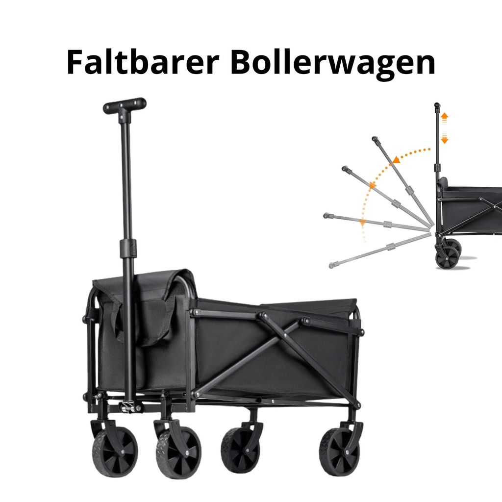 Faltbarer Bollerwagen mit 4 Rädern – Transportwagen für Camping, Garten, Strand & Einkauf, klappbarer Outdoor Handwagen mit verstellbarem Griff