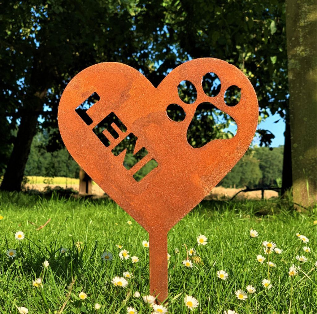 Personalisierter Edelrost Gartenstecker Herz mit Pfote, Hundeherz, Beetstecker, Gartendeko, Hundedeko, Gartendekoration