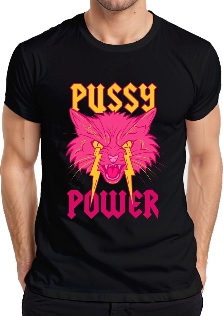 Pussy Power Frauenpower Katze Blitz Neon Punk Retro Feminismus Herren T-Shirt, Schwarz, XL