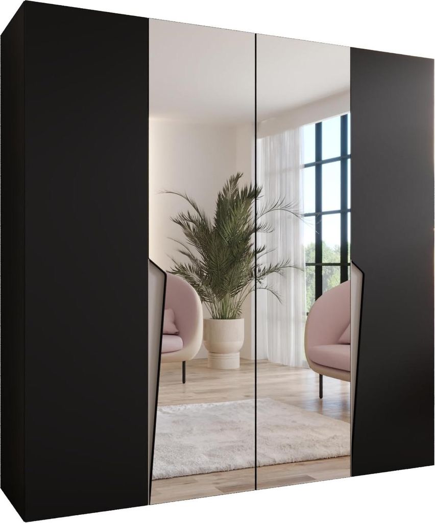 MEBLE KRYSPOL Schrank 200x202x52 cm mit Kleiderstange & Spiegel, 4xTür, PIANO, Schwarz, Griff Kaschmir