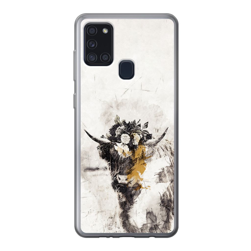 MuchoWow Handyhülle Schutzhülle Hülle für Samsung Galaxy A21s Schottischer Highlander - Farbe - Blumen Silikon Softcase Handy Hülle - Hartsc...