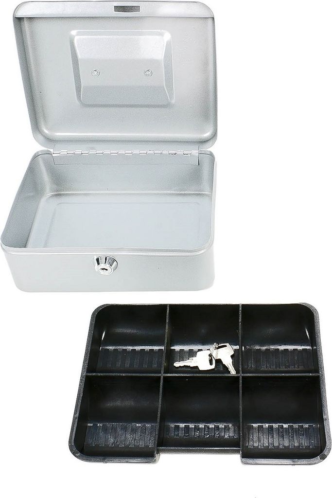 Geldkassette mit 2 Schlüssel, herausnehmbarer Hartgeldeinsatz aus robustem Kunststoff, 6 Fächer, 1 Geldscheinfach, silber