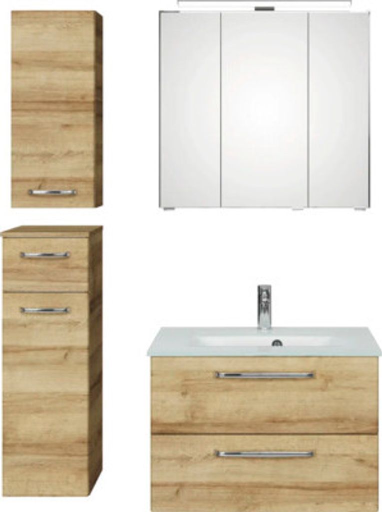 Badmöbel-Set Pelipal Kumba BxHxT 107 x 200 x 50 cm Frontfarbe eiche riviera 5-teilig und mehr mit Glas-Waschtisch weiß, Unterschrank und Wandschr...