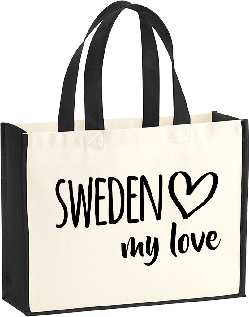 Huuraa Jutetasche Sweden my love 21 Liter Black Jute und Baumwolle Einkaufstasche Geschenkidee