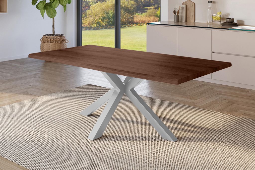 Esstisch Baumkante Holz-Optik Nussbaum 240 x 100 Spider-Gestell silber JULIUS