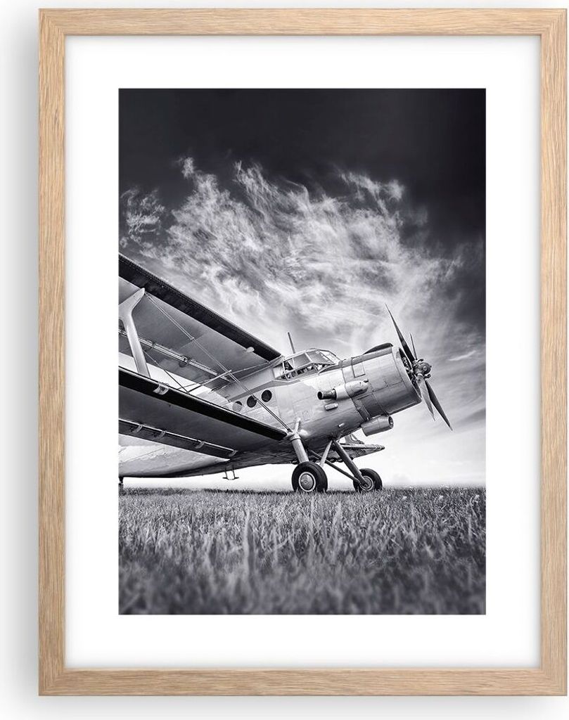Gerahmtes Poster - Rahmen in heller Eiche - Flugzeug An-2 Schwarzweiß - 30x40 cm - Wand Bild - Wanddeko - Wandbilder - Wandposter - Bilderrahmen -...