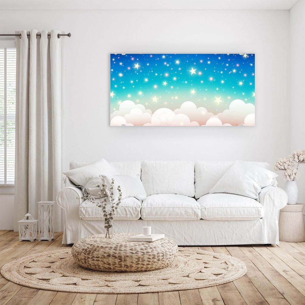 Glasbild Wandbild Pastellhimmel Sterne Wolken 110x55cm in XXL für Wohnzimmer, Schlafzimmer, Badezimmer, Flur