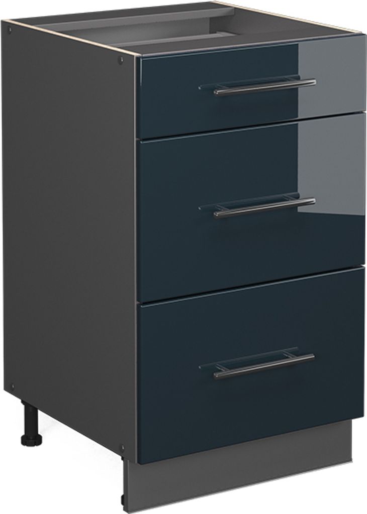 A dark blue high-gloss cabinet with three drawers and silver handles, set against a light gray background. The cabinet has a plinth at the bottom and is supported by black legs.
