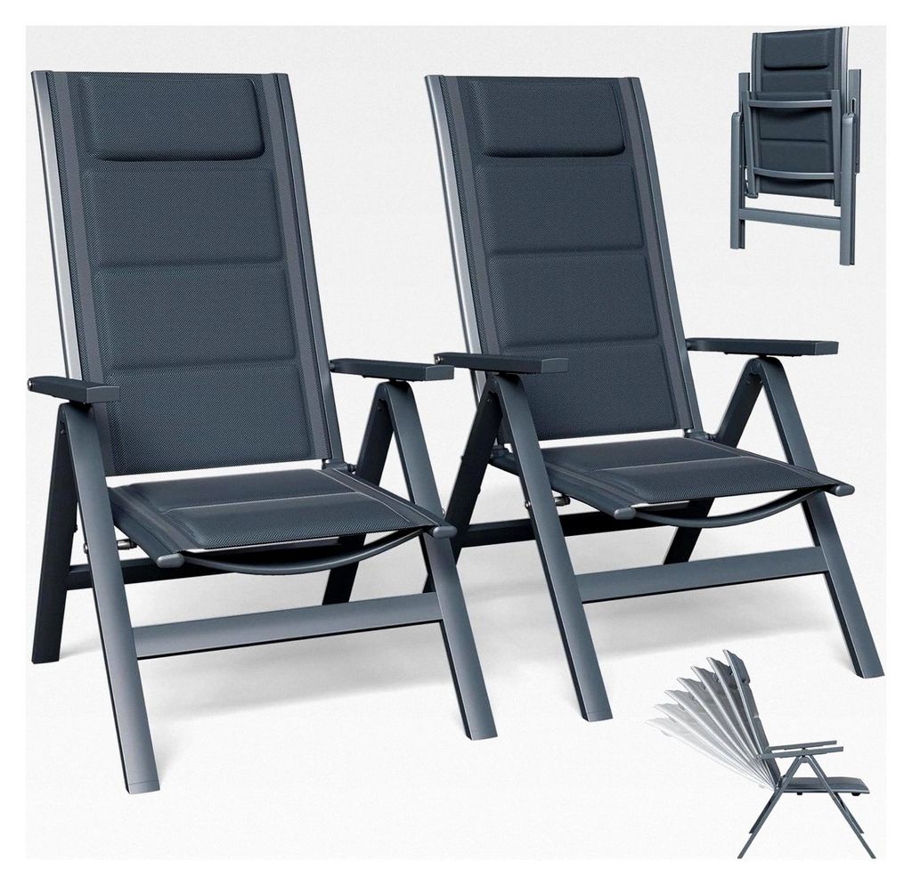 Gartenstuhl mit hoher Rückenlehne, 2er Set klappbare Campingstühle aus Aluminium mit Kopfkissen und Abdeckung, 7-fach verstellbare Rückenlehne, ...