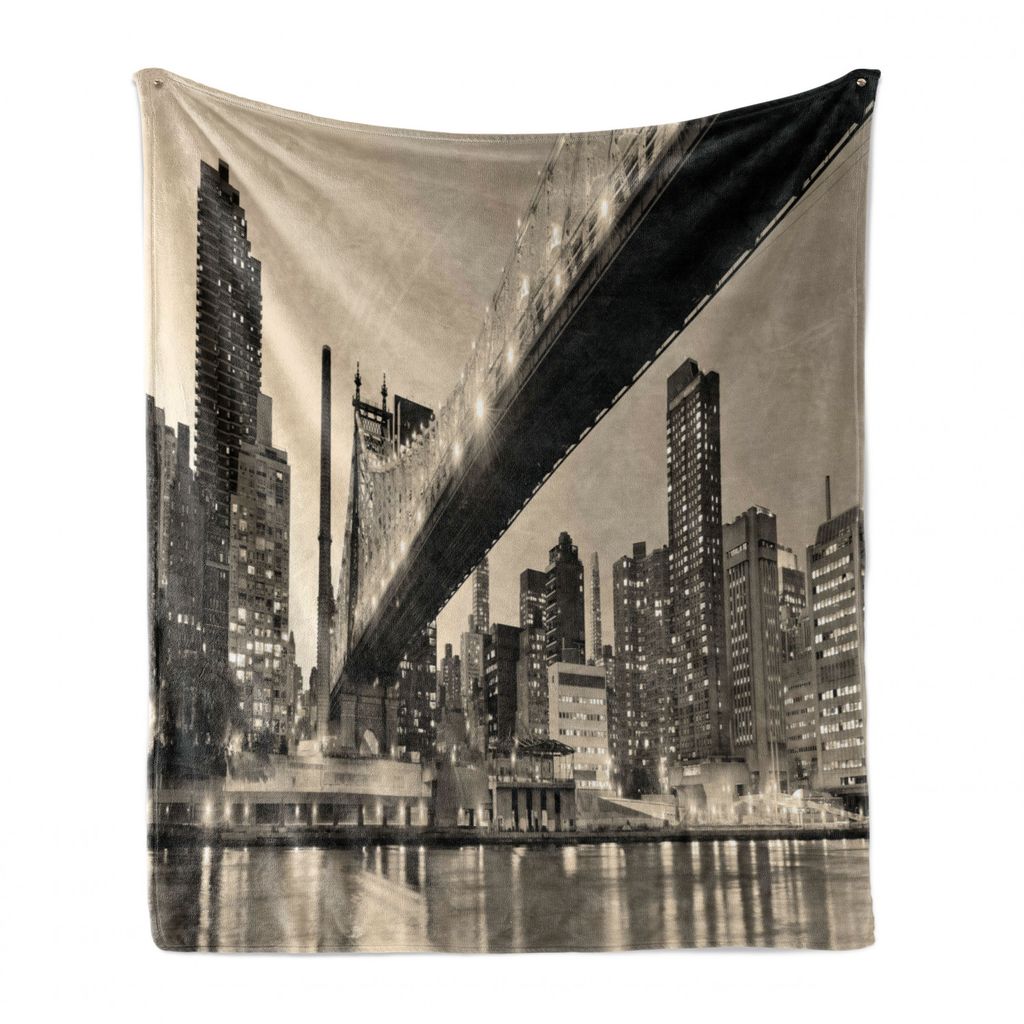 ABAKUHAUS New York Weich Flanell Fleece Decke, NYC Nacht Bridge View, Gemütlicher Plüsch für den Innen- und Außenbereich, 125 x 175 cm, Grau braun
