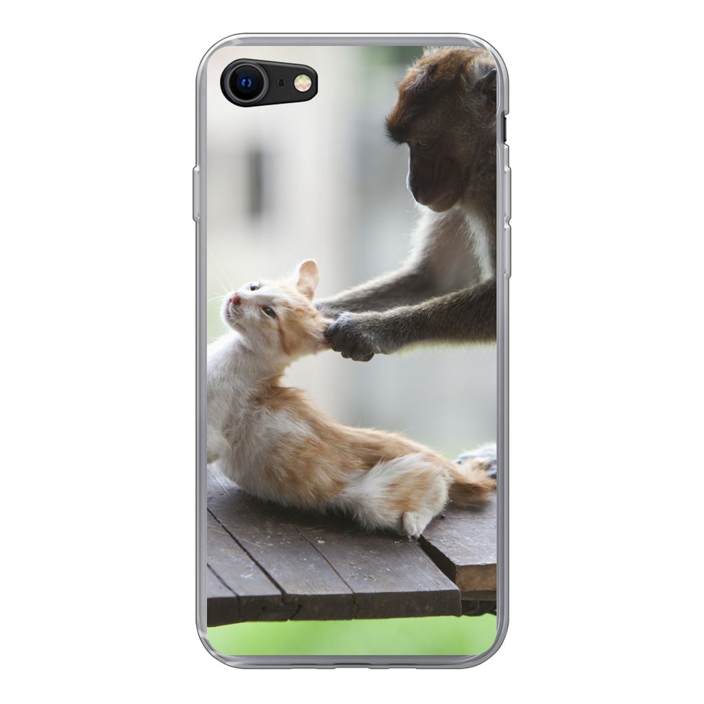 MuchoWow Handyhülle Schutzhülle Hülle für iPhone SE 2020 Katze - Affe - Holz Silikon Softcase Handy Hülle - Kartenbesitzer