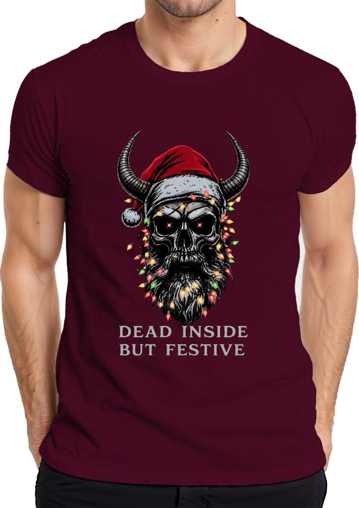 Dead Inside But Festive Totenkopf Hörner Lichter Bart Gothic Herren T-Shirt, Burgundy, 3XL