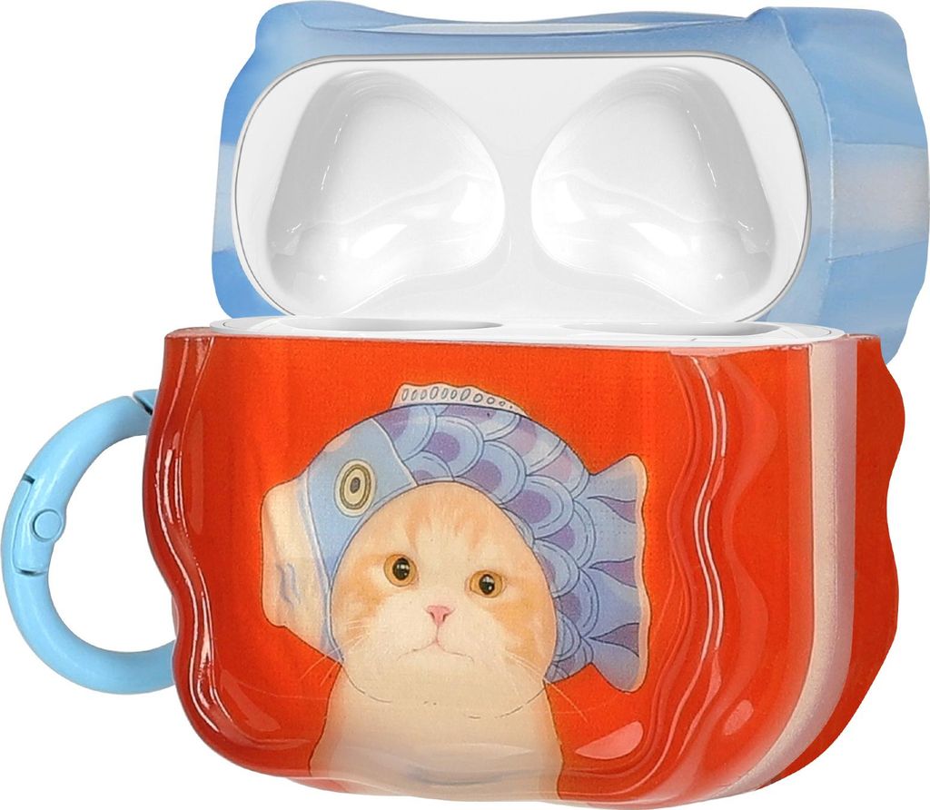 kwmobile In-Ear Kopfhörer Case für Apple Airpods 4 Hülle mit Karabiner - Headphones Case - Earphones Cover Etui - Katze mit Fischhut