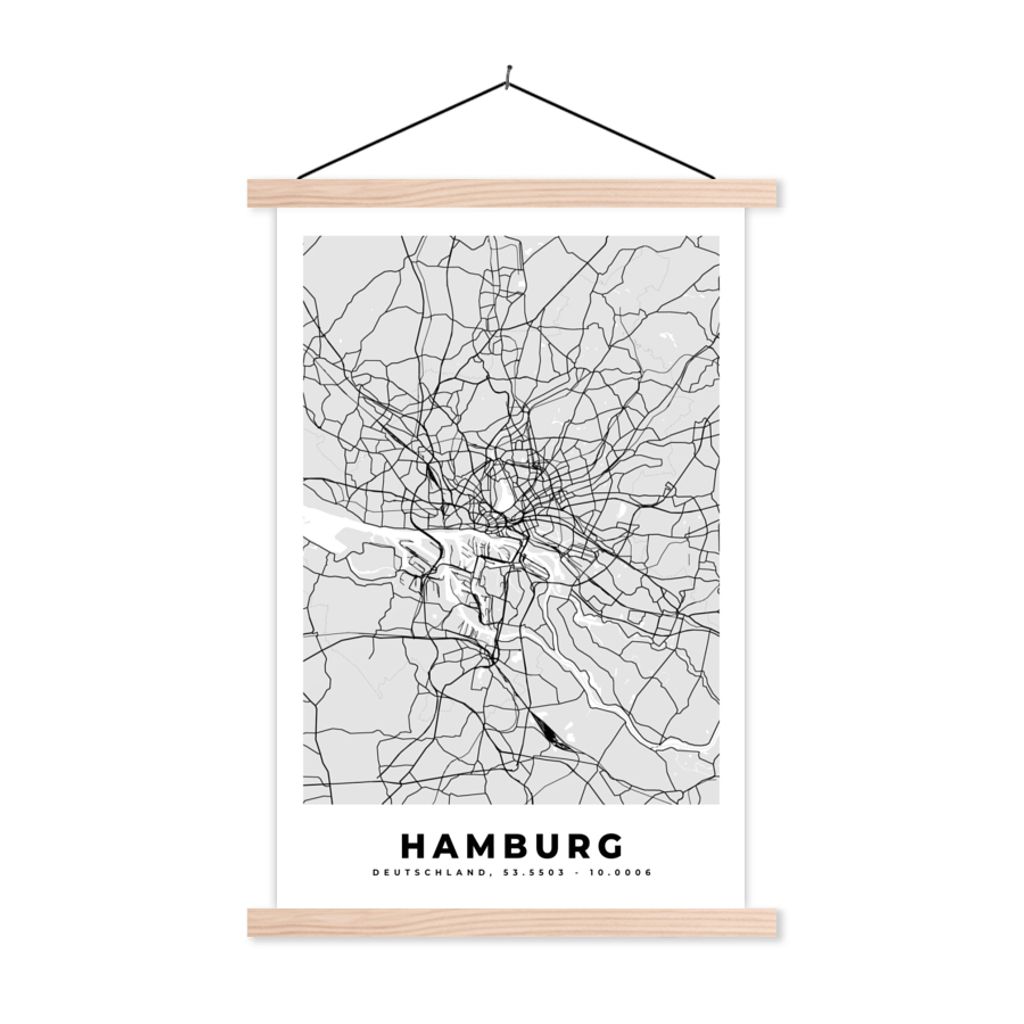 MuchoWow Textilposter Karte - Deutschland - Hamburg - Karte - Stadt 60x90 cm mit holzfarbenen Rahmen - Textil