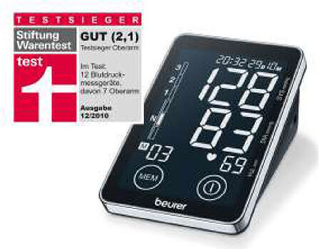 A Beurer upper arm blood pressure monitor is shown next to a test winner badge.