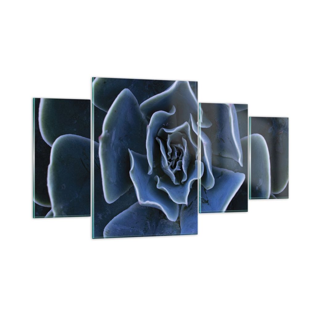 Bilder auf glas - 4 Teile - Blau Kaktus Blume - 160x90cm - Glasbilder - Wandbilder - Bilder - zum Aufhängen bereit - Wanddekoration aus Glas - Gla...