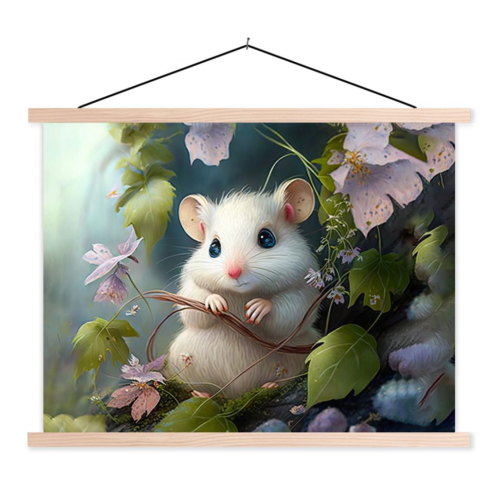MuchoWow Textilposter Maus - Wald - Blumen - Illustration - Waldtiere 40x30 cm mit holzfarbenen Rahmen - Bilder