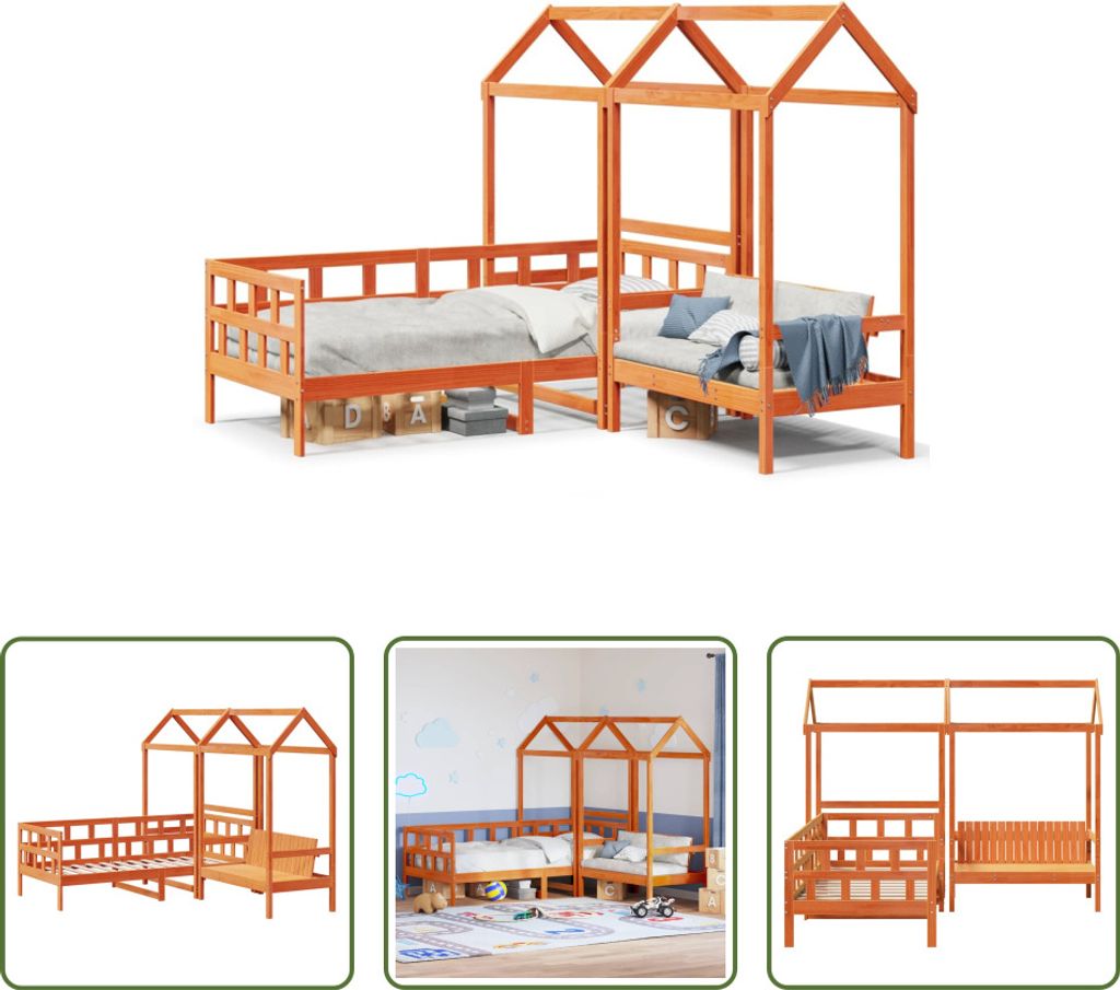 The Living Store Tagesbett Set mit Dach Wachsbraun 80x200 cm Massivholz Kiefer