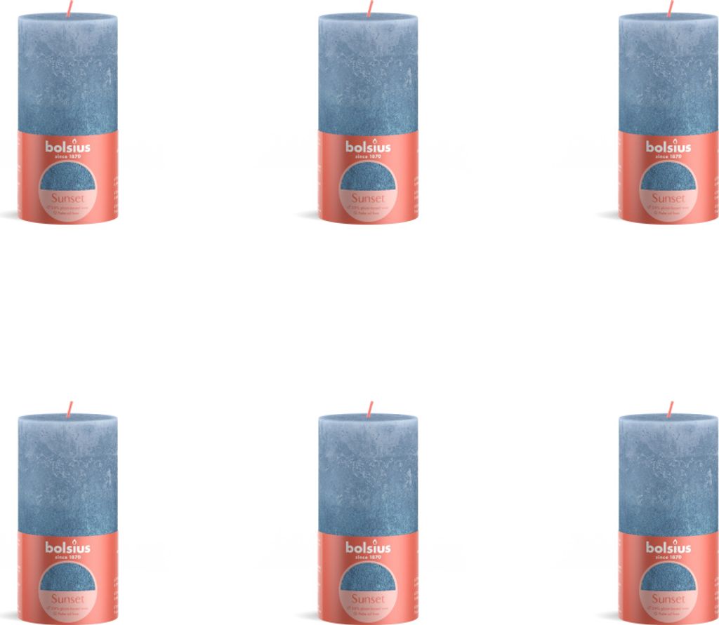 Bolsius - Rustikale Stumpenkerze - Verblassendes Metallic - 130/68 - 1 Stück pro Packung - Himmelblau + Blau - Vorteilspack - 6 Stücke