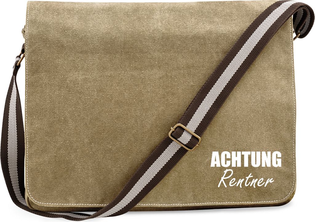 Huuraa Umhängetasche Achtung Rentner Schriftzug 14 Liter Sahara Canvas Laptoptasche Geschenkidee