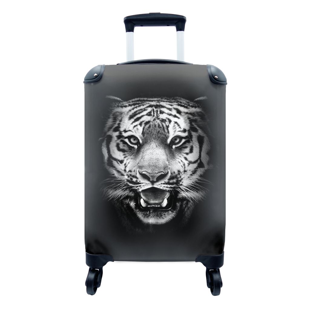 MuchoWow Koffer Handgepäck Trolley Rollkoffer Kleine Reisekoffer mit 4 Rollen - Tigerkopf vor schwarzem Hintergrund - schwarz und weiß - Cabin ...