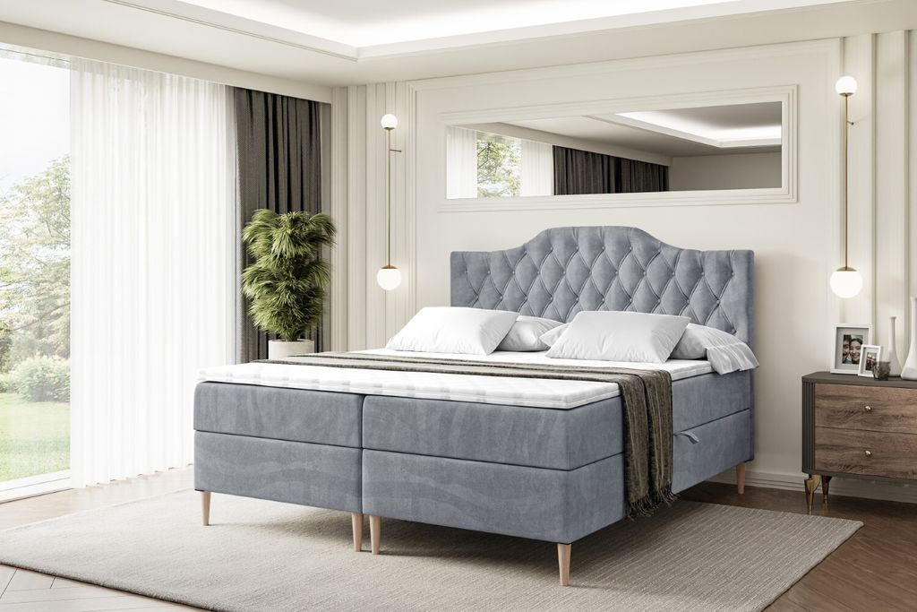 ALTDECOR Boxspringbett mit Holz Füßen, Matratze und Lattenrost, Boxbett, Topper, Polsterbett mit Bettkasten, Bett mit Stauraum H3-Matratze, Doppe...