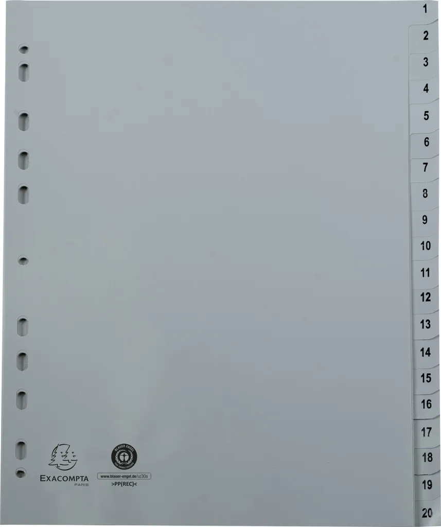 Exacompta 1721E Intercalaires 20 positions en PP gris recyclé A4
