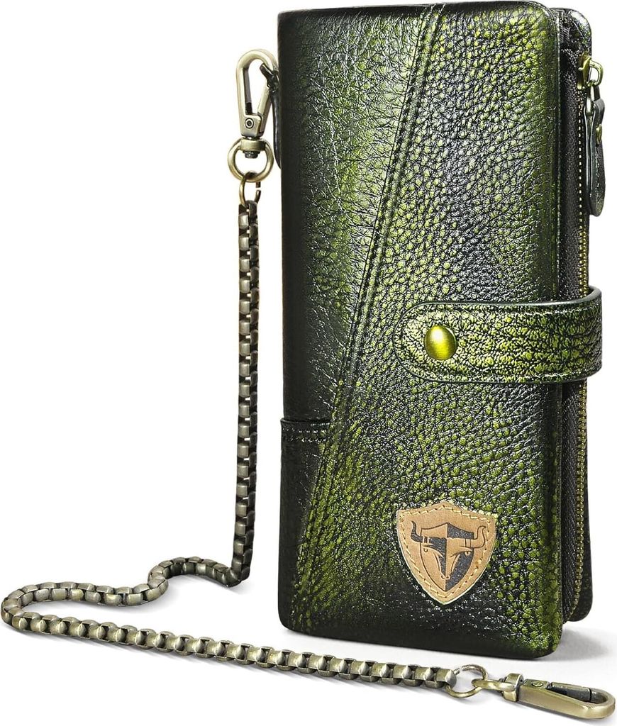 Echtleder Crazy Horse Leder Reisen Geschenk Münztasche Kartenetui Lang Organizer Brieftasche Kette RFID Geldbörse mit Snap für Männer