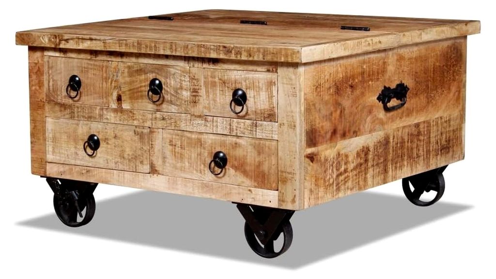 Couchtisch aus rauem Mangoholz mit Schubladen und 4 Eisenrädern, 70 x 70 x 40 cm (L x B x H)