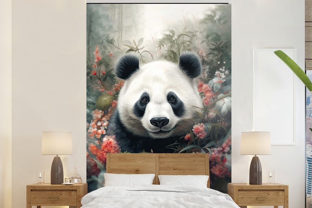 MuchoWow Fototapete für Wohnzimmer oder Schlafzimmer Wandtapete Vinyl Motivtapete Panda - Wildtiere - Blumen - Natur - 145x220 cm - Wanddekoration