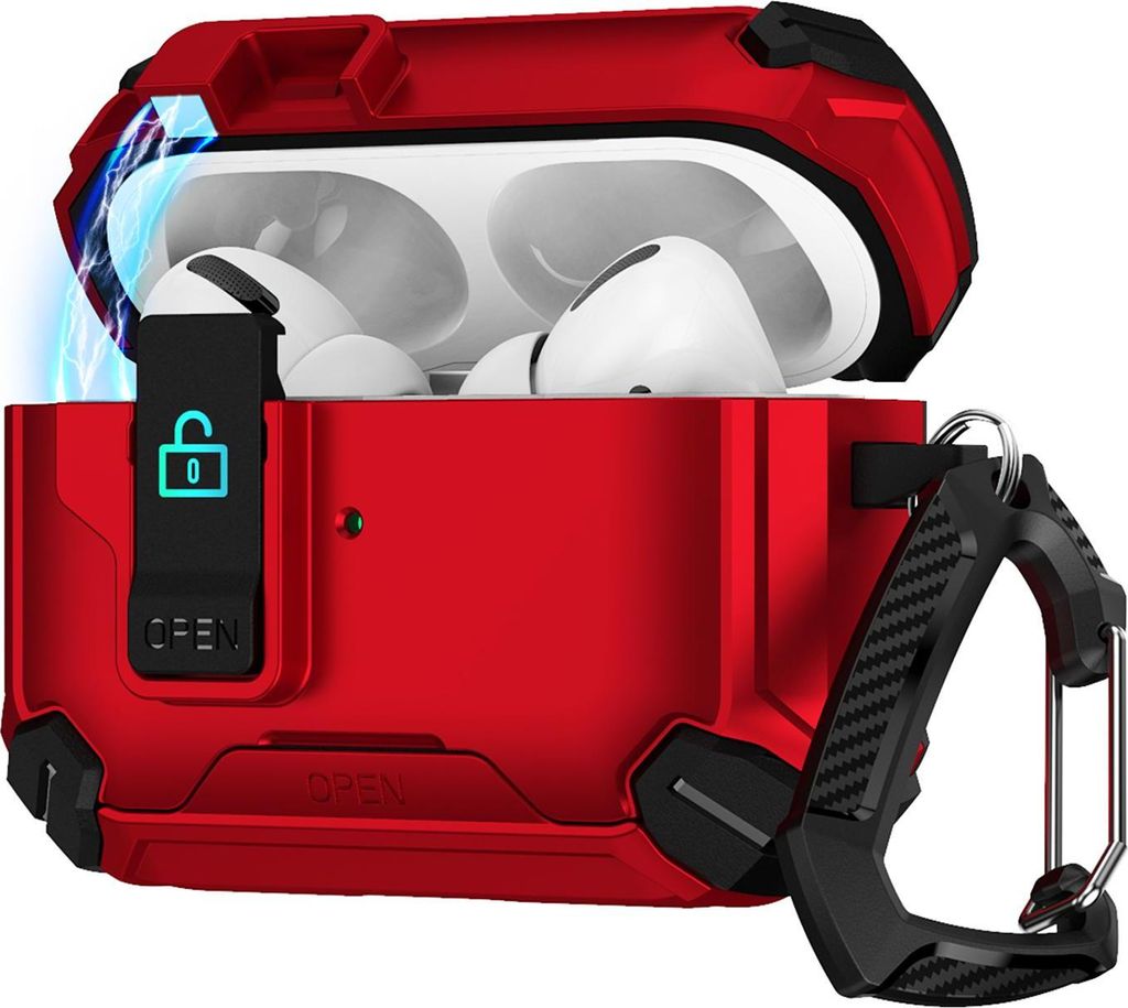 Hülle für Apple AirPods Pro 1 / 2 Defender Schutzhülle mit Karabiner 360° Schutzbox Kopfhörer stoßfestes Full Body Cover Rot