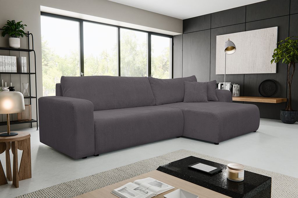 VENASI LUNA XL Ecksofa mit Schlaffunktion und Bettkasten Cord Schlafsofa Eckcouch Sofa Dunkelgrau