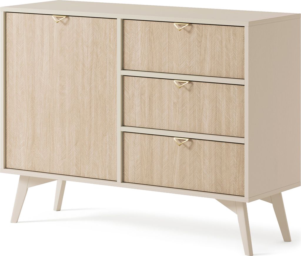 Masseno Kommode FORESTA 106 cm Sideboard mit 3 Schubladen und 1 Türen für Wohnzimmer Schlafzimmer Modern 106x38x80 cm Beige / Kieferfarben