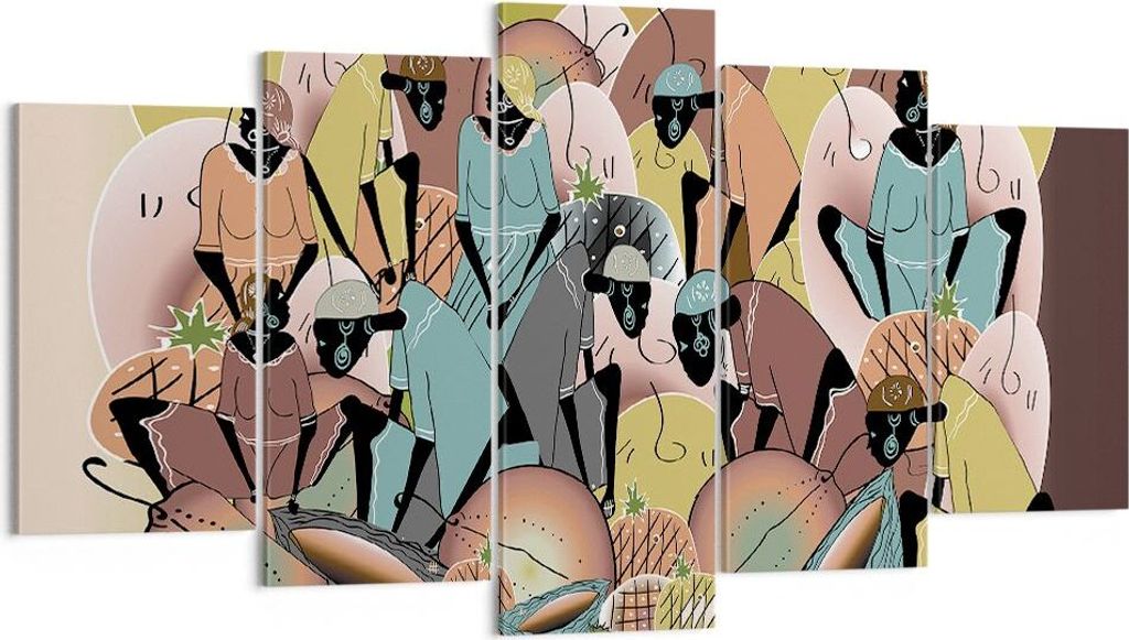 Bild auf Leinwand - Leinwandbild - 5 Teile - Afrikanisch Grafik Frauen - 160x85cm - Wand Bild - Wanddeko - Wandbilder - Leinwanddruck - Bilder - Wa...